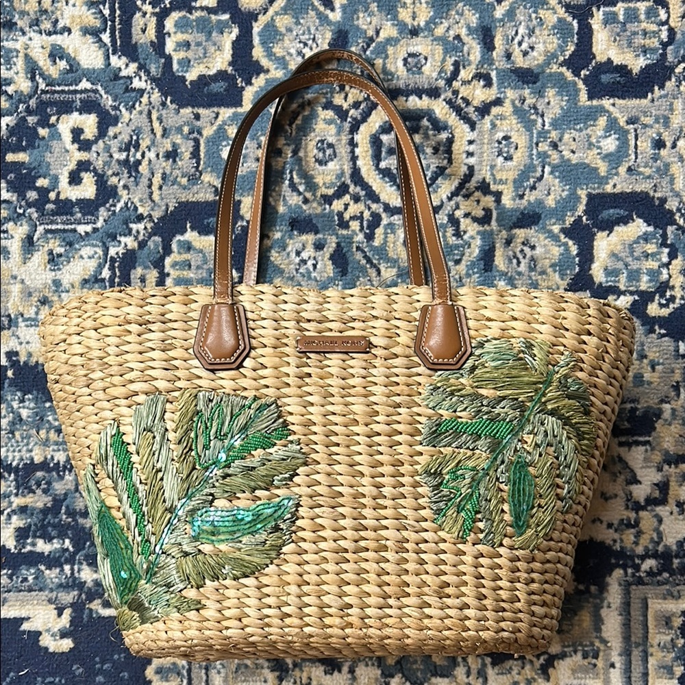 Michael Kors Tan and Green Tote Bag with Tropical Design